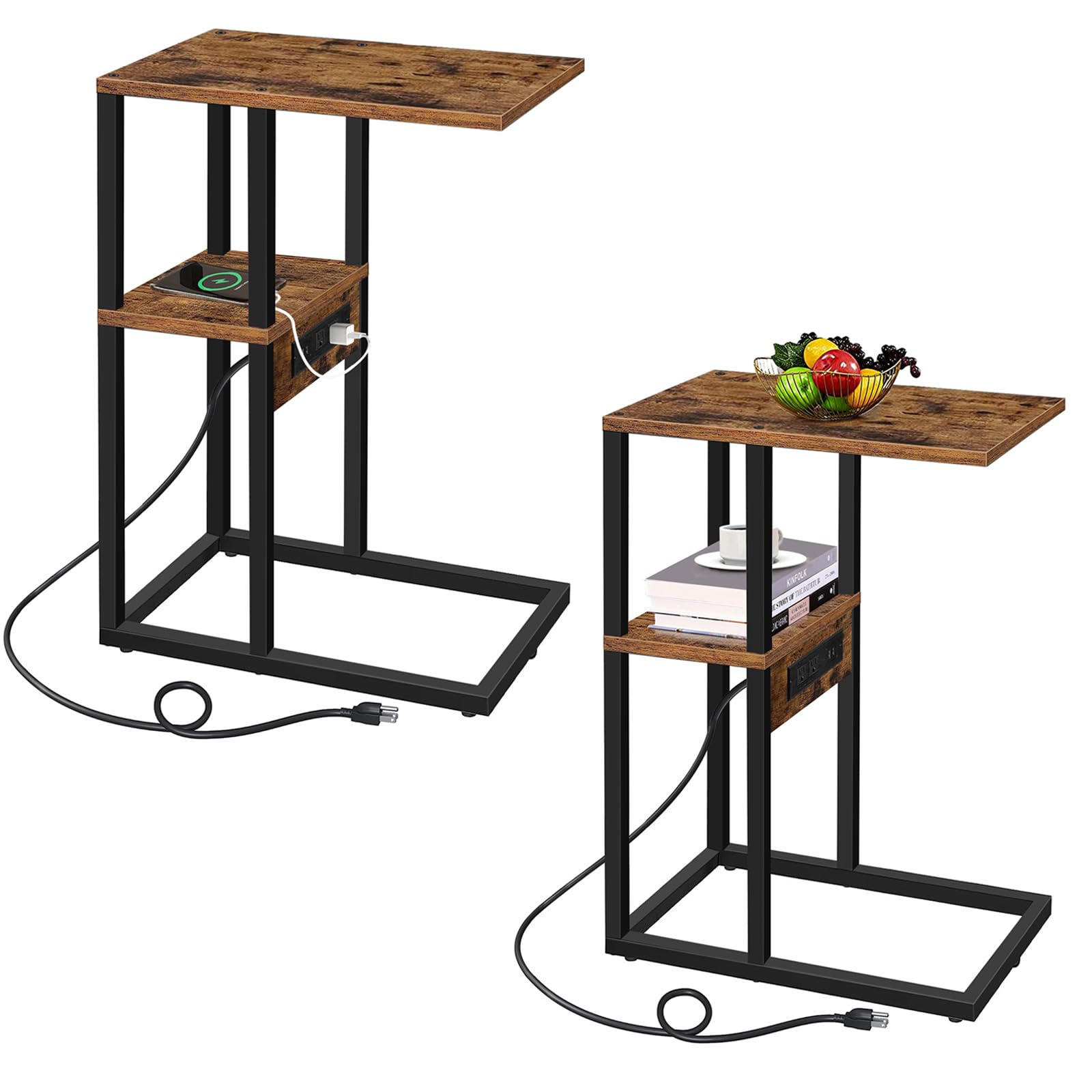 TUTOTAK C Shaped End Table with Charging Station, Set of 2, Side Table with 2 USB Ports and Outlets, Snack Table for Couch and Bed, Small Sofa Table for Small Spaces, Living Room, Bedroom TB01BB0432