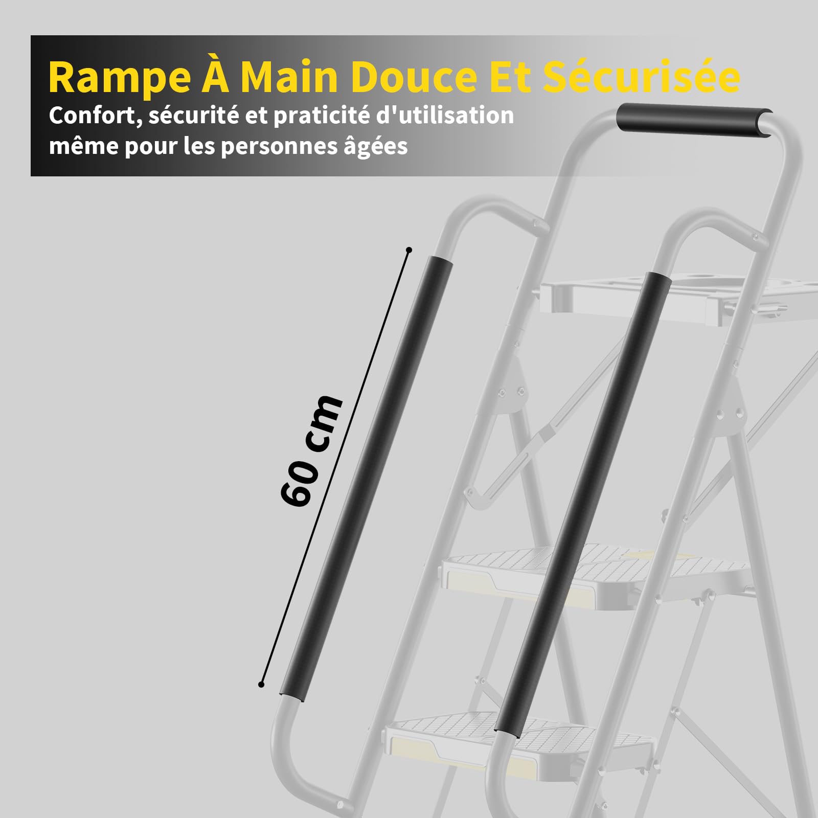 KINGRACK Escabeau 5 Marches avec Plateau à Outils et Large Pédale Antidérapante, Marche Pied Pliable avec Mains Courantes, Échelle Domestique pour Maison Cuisine Garde-Manger Placards et Bureau, Noir