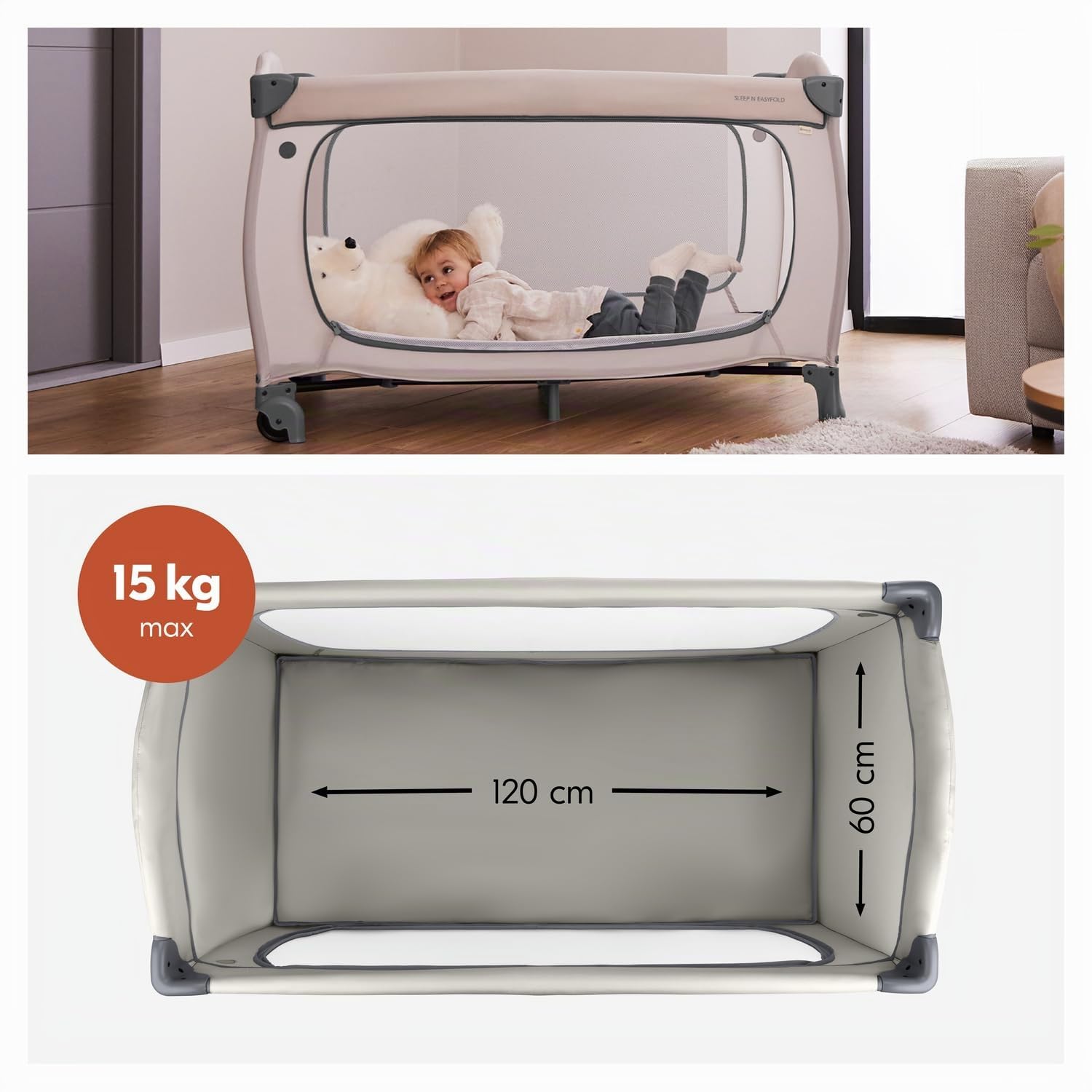 hauck Sleep N Easyfold, Dark Grey - Lettino da Viaggio Facilissimo da Richiudere dalla Nascita fino a 15 kg con Ruote, Borsa di Trasport e Grande Ingresso Zip per Giocare, 125 x 69 x 82 cm, 7,6 kg