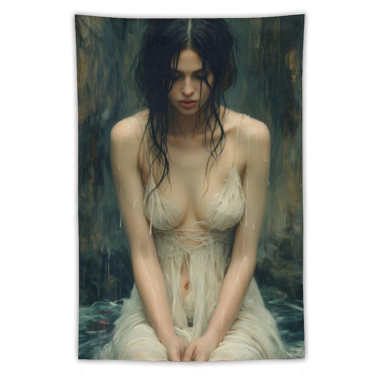 Tapestry Wall Hanging Woman In Wet White Dress Dark Textured Background Art Style - Home Decor For Bedroom Living Room Retro Melancholic Aesthetic Artistic Fantasy Art40 x60 Tapestry