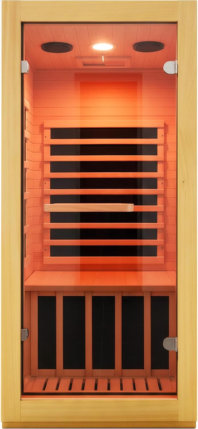 Infrared Sauna Room Indoor Saunas Home Obeche Wood 900W Low-EMF Dry Saunas Single Person Spa with 10 Color Light 32.3 * 28.3 * 61.4 inch