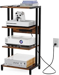 X-cosrack 16.5" 4-Tier Game Console Shelf with Power Outlet - Narrow AV Media Stand for PS5, Xbox, Stereo, Router