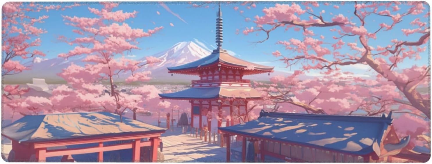 Pink Cherry Blossoms Large Mousepad 31.5×12in with Japanese Mount Fuji Pattern Extended Gaming Mouse Pad Mouse Mat Large Desk Mat Pad Keyboard Mousepad with Non-Slip Base Mouse Pads for Desk