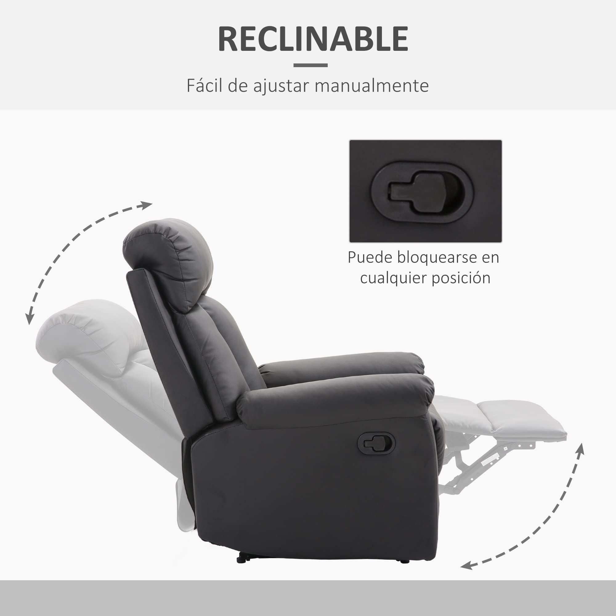 HOMCOM Sillón Relax Reclinable Tapizado en PU Butaca de Salón con Reposapiés Retráctil Respaldo Alto Resposabrazos y Asiento Acolchados Grueso 80x97x107 cm Negro