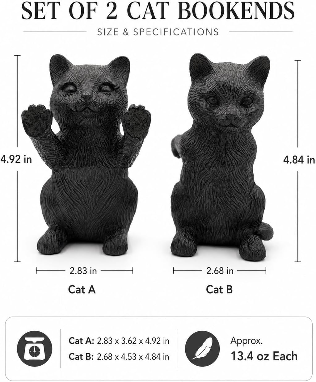 Set of 2 Black Resin Cat Bookends, Cute Cat Decorative Bookends for Shelves, Heavy Cat Figurine Book Supports for Bookshelf, Desk, Office, Living Room, Study Room Decor, Gift for Cat Lovers (Cat)