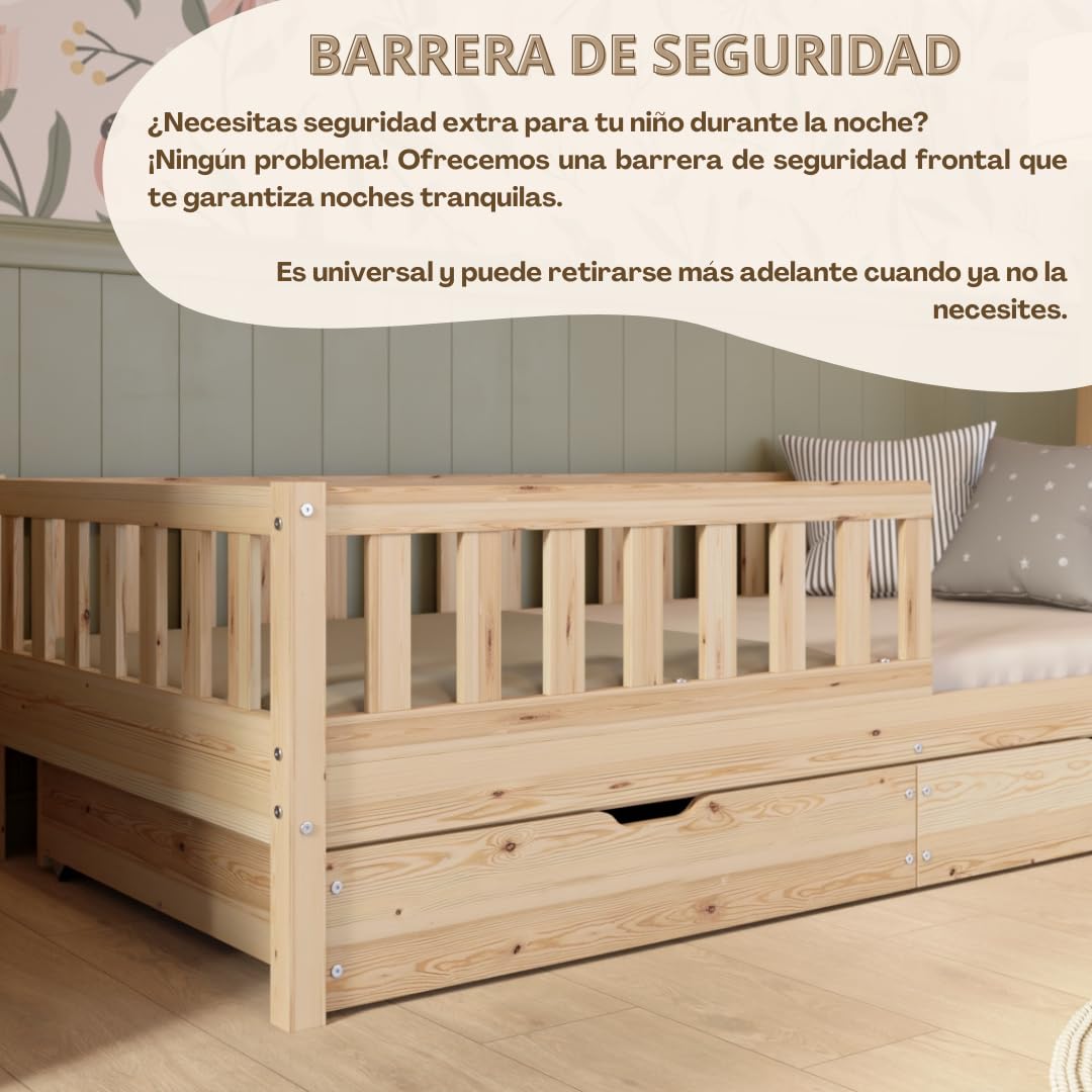 Cama Montessori 190x90 cm - Cama Infantil Fácil de Montar - Camas Infantiles Segura niños y niñas - con Protección contra Caídas - Madera Natural con Cajones