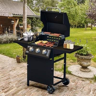 3-Burner Outdoor BBQ Propane Gas Grill, 30000 BTU, Portable Outdoor Gas Grill with Foldable Side Shelves, Built-in Thermometer, Easy Assembly for Backyard, Camping and Tailgating