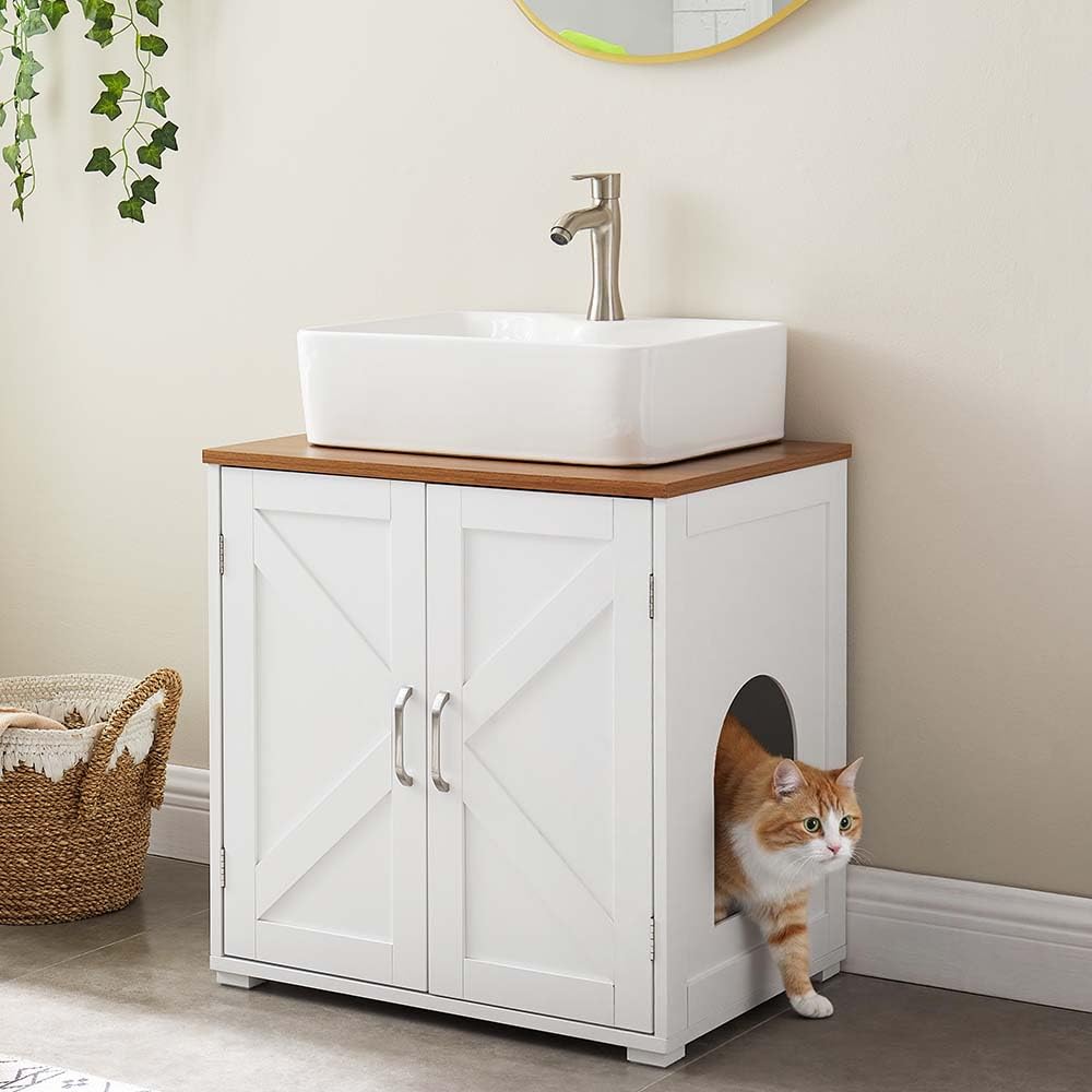 unipaws Cat Litter Box Enclosure & Bathroom Sink Cabinet, Waterproof Wooden Sink Storage with Cat Door, Hidden Litter Box Furniture and Cats House (Walnut/White)