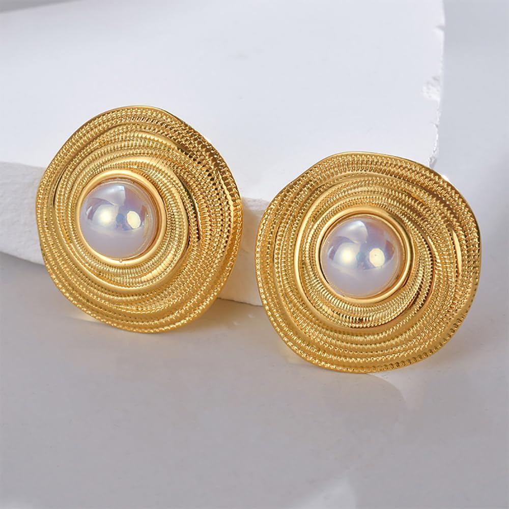 Pearl Disc Round Stud Earrings for Women Stainless Steel Chunky Statement Earrings Lightweight Hypoallergenic - Image 4