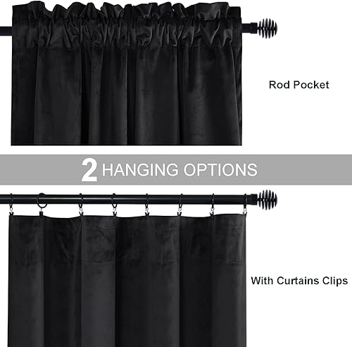 Miniatura 5 de JIUZHEN Cortinas opacas de terciopelo negro de 84 pulgadas para sala de estar, cortinas opacas con aislamiento térmico y bolsillo para barra, juego