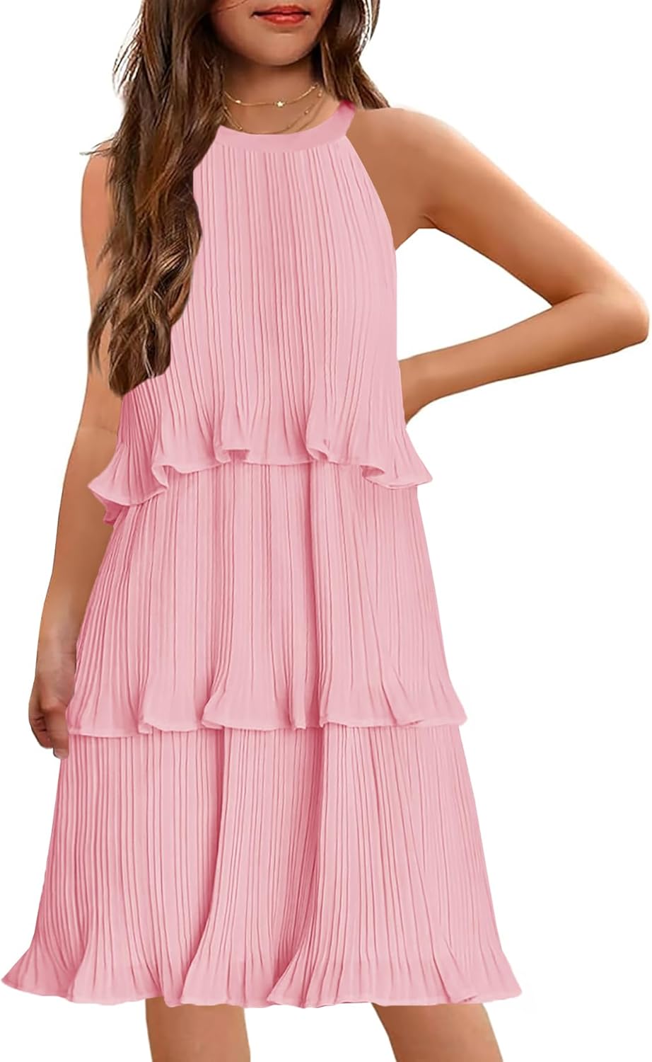 HOSIKA Girls Halter Neck Dresses Summer Sleeveless Ruffle Tiered Layered Chiffon Pleated A Line Swing Midi Dress for 6-12 Y