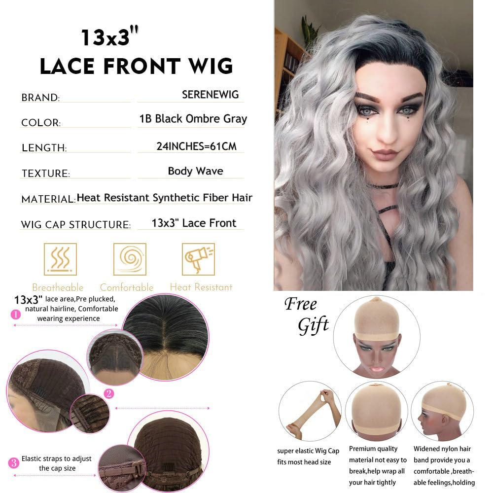Female Black Roots Ombre Pastel Gray Lace Front Wigs Real Natural Color Drag Queen Water Wave Long Hair Synthetic Glueless Full Head Wig 26 Inches