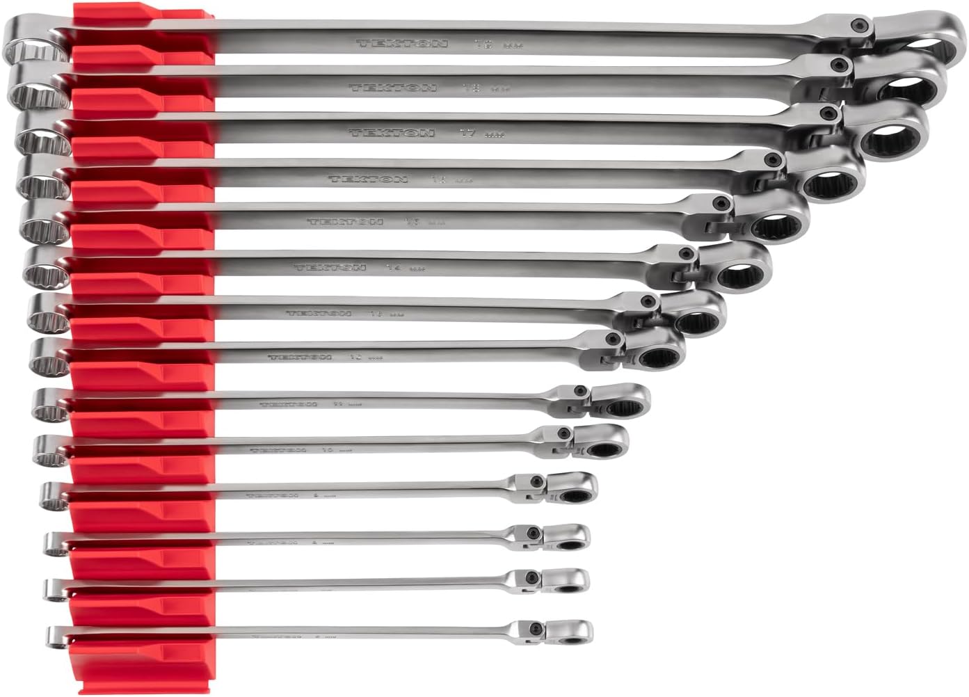 TEKTON Long Fixed/Flex Head 12-Point Ratcheting Box End Wrench Set with Modular Organizers, 14-Piece (6-19 mm) | WRB95303