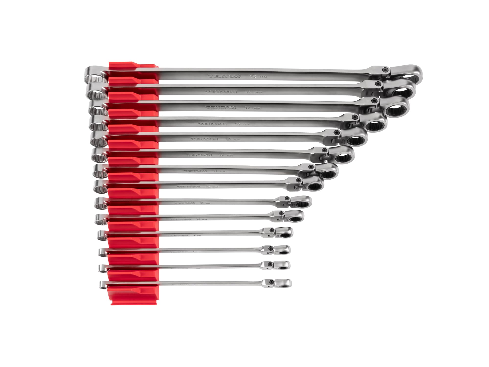 TEKTON Long Fixed/Flex Head 12-Point Ratcheting Box End Wrench Set with Modular Organizers, 14-Piece (6-19 mm) | WRB95303