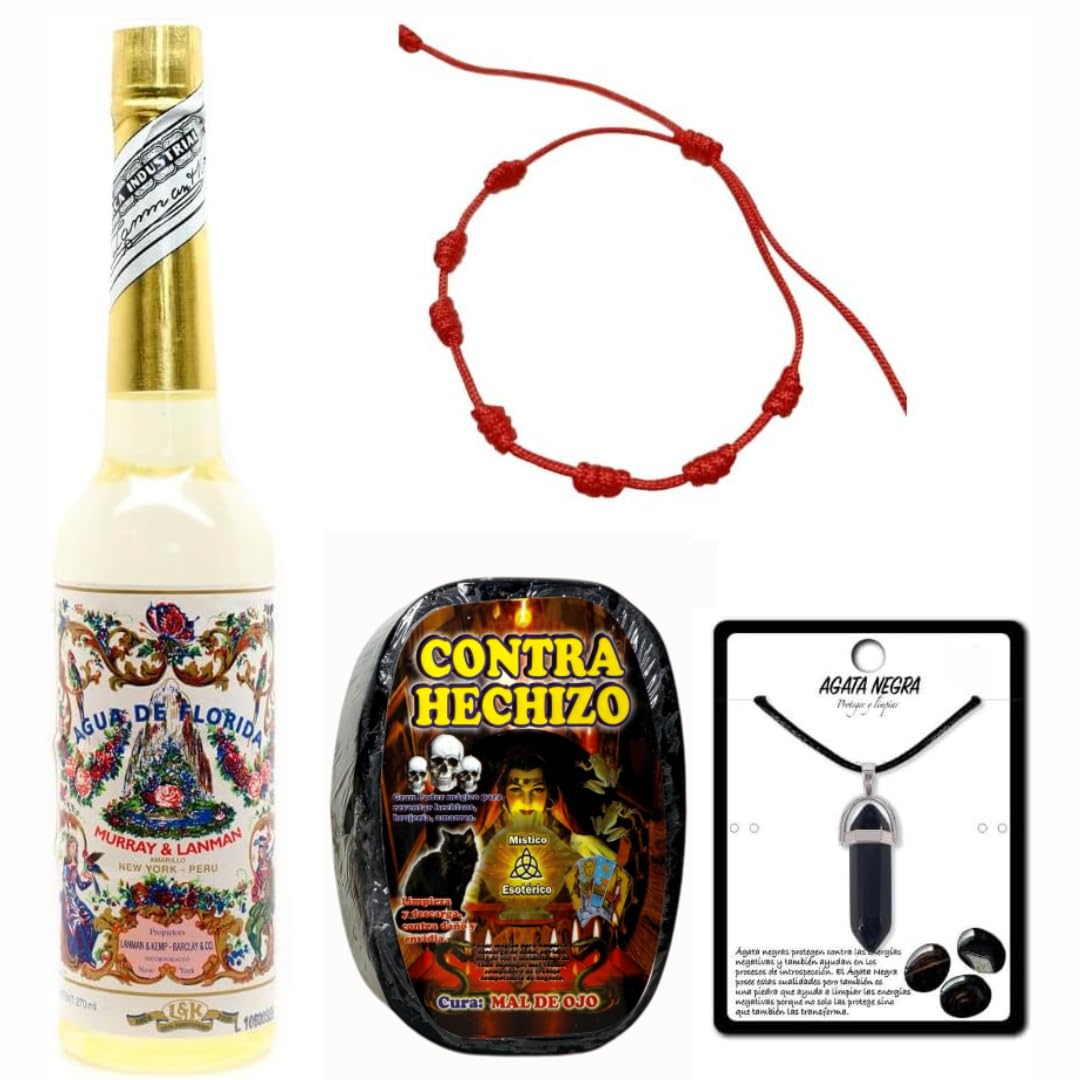 Florida Agua de Perú Original Pack con Jabón contra hechizo Mal de Ojo, Piedra Agata Negra y Pulsera Roja 7 Nudos .Murray Y LanMan. Amarilla.
