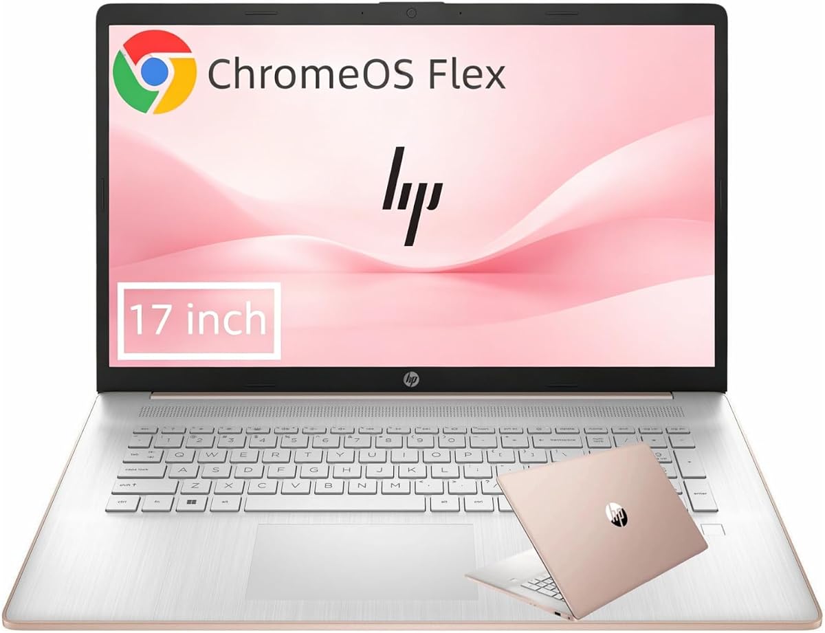 HP 17.3" HD+ Chromebook, Intel Dual-Core CPU, 8GB RAM, 256GB SSD, 9.5HRs Battery, FastCharge, ChromeOS Flex, Intel UHD Graphics, Designed for School and Work, Game App Not Allowed, Pale Gold Rose