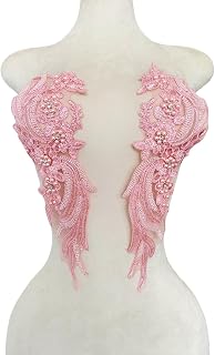 Handmade Lace Fabric Beaded Applique Perfect Shining Trim Patches for DIY Wedding Bridal Dress Costume Patch Decor 1Pair/Bag (Pink A)