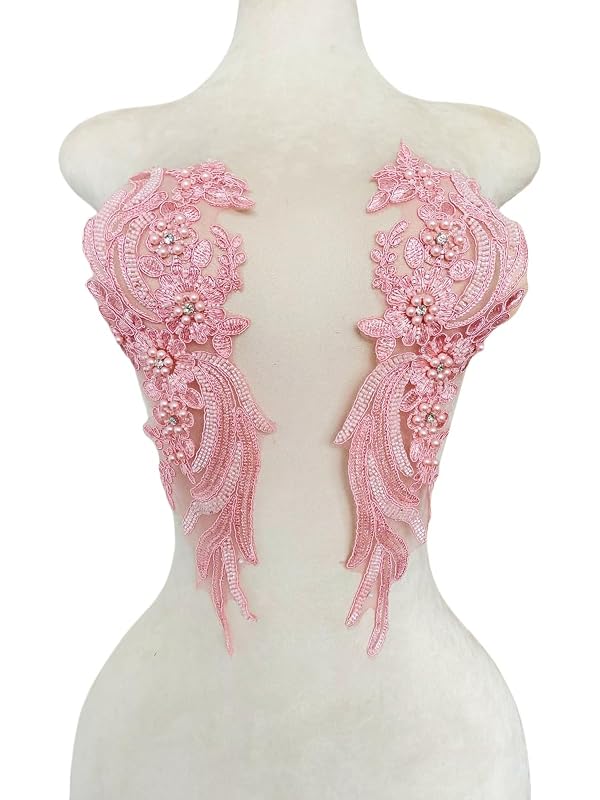 XZG.beatal Handmade Lace Fabric Beaded Applique Perfect Shining Trim Patches for DIY Wedding Bridal Dress Costume Patch Decor 1Pair/Bag (Pink A) by XZG.beatal - Used condition - US$7.30
