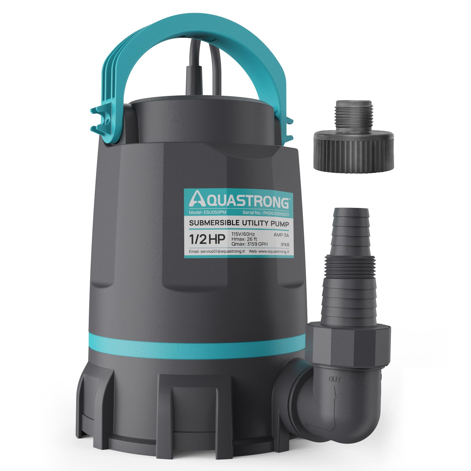 Aquastrong Sump Pump 1/2 HP Submersible Water Pump Thermoplastic Portable Utility Pump 3159 GPH High Flow Water Removal for Swimming Pool Garden Pond Basement Window Wells with 10ft Long Power Cord
