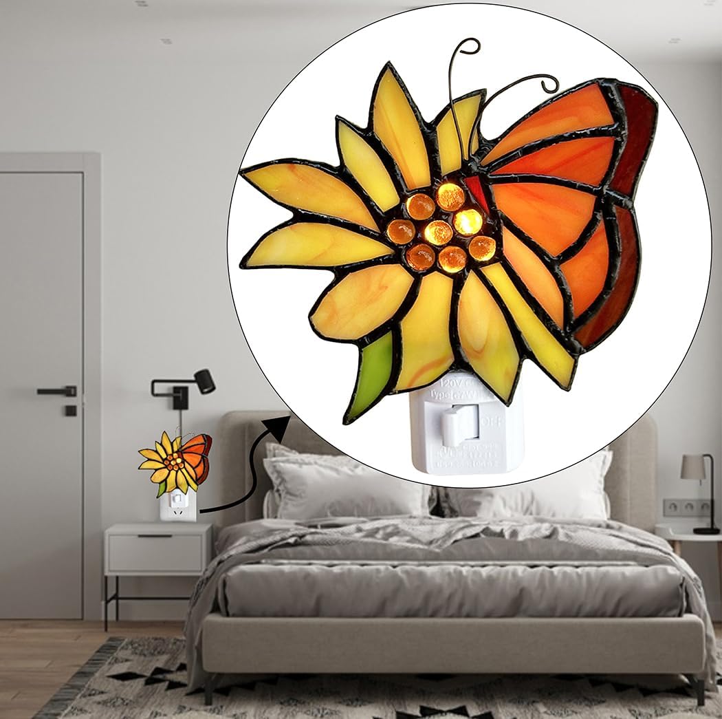 Stained Glass Butterfly Night Light.Butterfly Night Light Bedroom Bed Light Gifts from Nature,Nature Night Light.DYM1001 (Flower Butterfly)