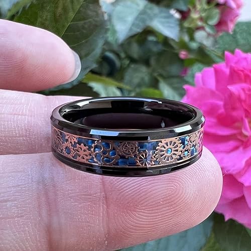 Miniatura 4 de Anillo de tungsteno de 6 mm y 8 mm color negro, plateado, rojo y azul para hombres y mujeres, anillos de matrimonio estilo Steampunk con engranes,