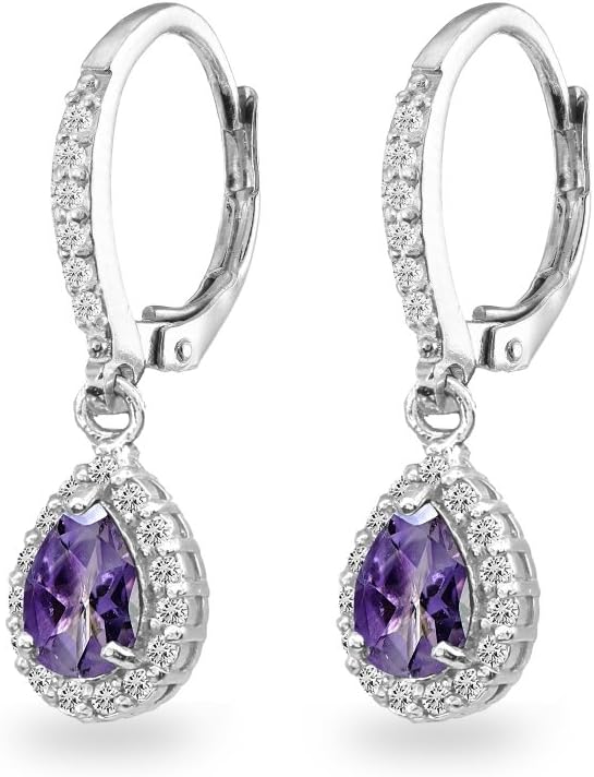 Sterling Silver Genuine or Synthetic Gemstone Halo Teardrop Dangle Leverback Earrings for Women Bridesmaids - Image 4