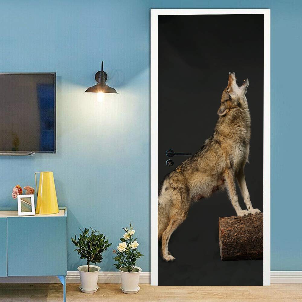 Sticker de porte imperméable et amovible avec impression haute définition loup 90x200
