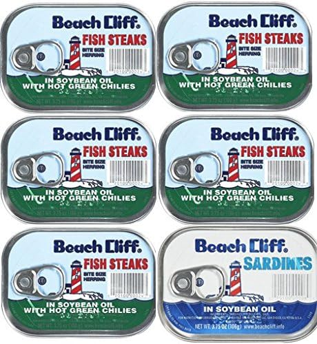 Beachcliff Sardine and Fish Steak (Bumble Bee) in Soybean Oil: Bundle of SIX 3.75 Oz Cans (5 with Green Chillies and 1 Just Oil)