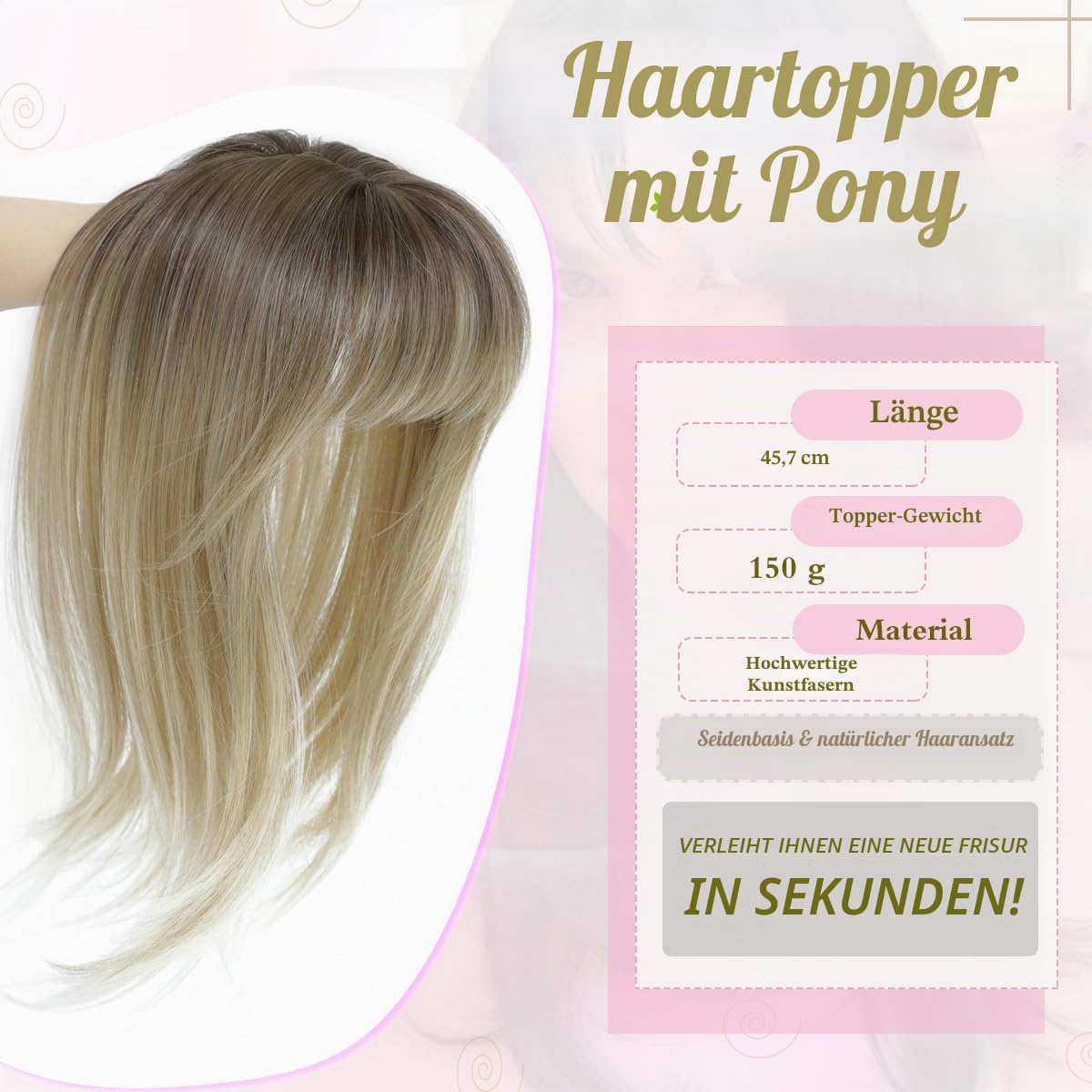 Haaraufsatz von 45,7 cm, zur Verdichtung der Haare, natürliche glatte Haare mit Pony, für Frauen, mit Basis von 10,2 x 12,7 cm