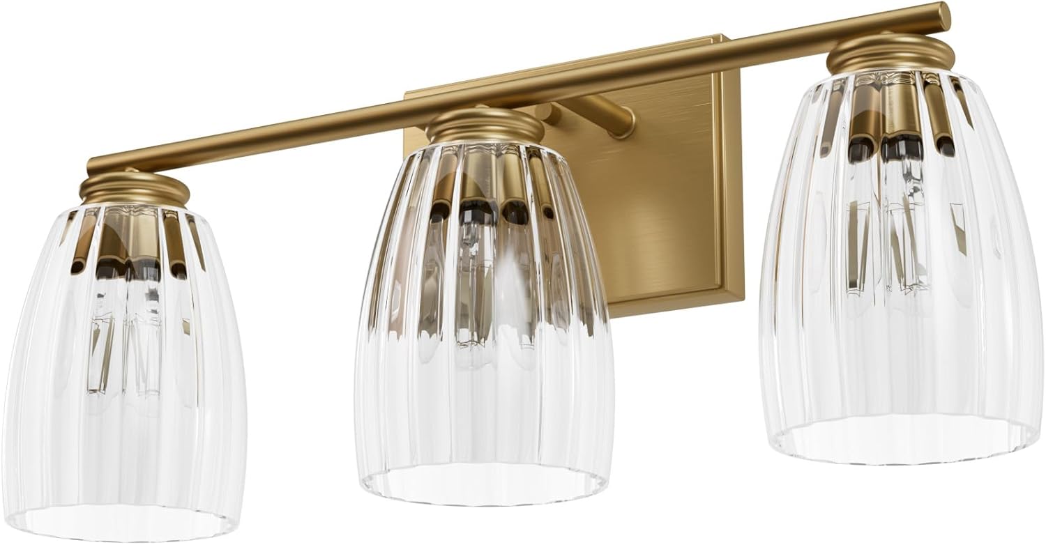Hunter - Rossmoor 3-Light Luxe Gold, Medium Size Vanity Light, Dimmable, Formal Style, Bell Shaped, for Bedrooms, Kitchens, Foyers, Bathrooms - 13204
