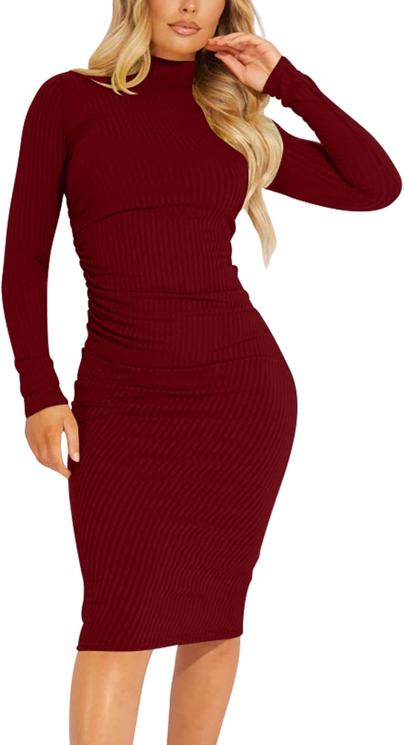 Kaximil Women's Ribbed Basic Casual Midi Dress Long Sleeve Bodycon Ruched Club Dresses