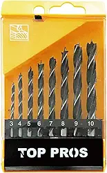 Top Pros Jogo de Brocas para Madeira, 8 Peças, Aço Carbono, 3-10mm, Ponta Helicoidal, Design Profissional, Precisão em Marcenaria e Carpintaria, Acabamento Preto e Prata
