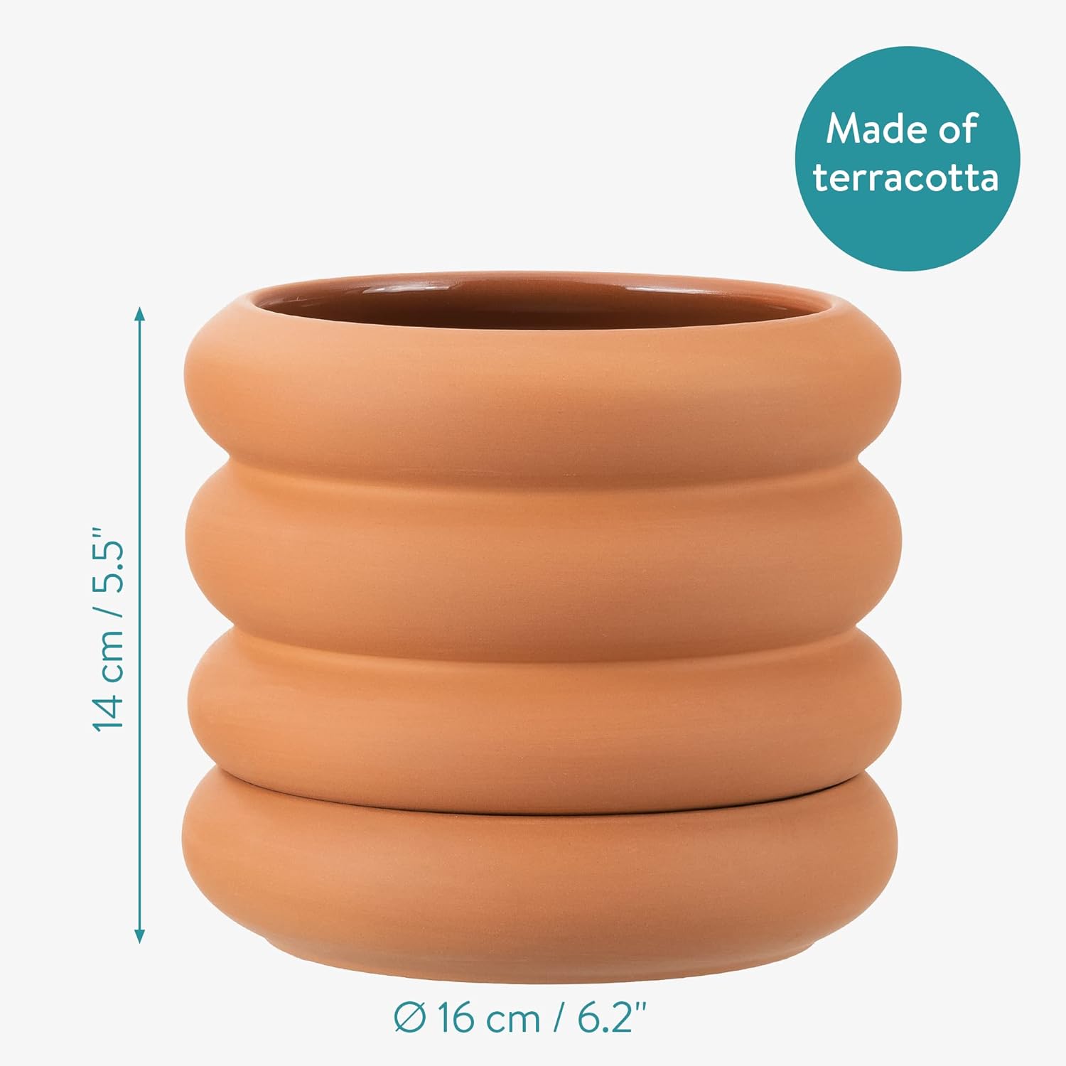 Navaris Ripple Terracotta Outdoor Plant Pot - Ribbed Design, Modern Style with Removable Base Drainage