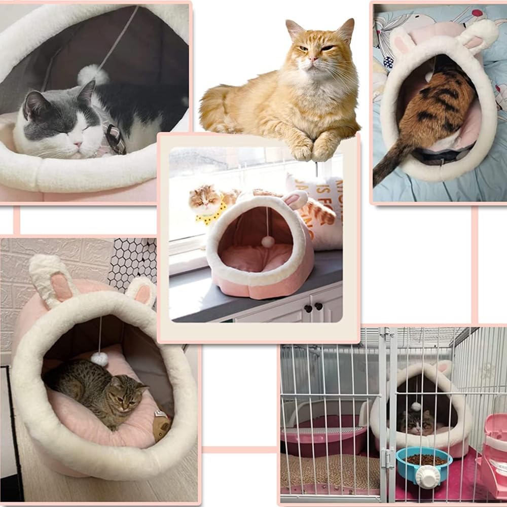 سرير قطط شبه مغلق للاستخدام الداخلي، سرير كهف للقطط قابل للحمل مع كرة مخملية وقاعدة مانعة للانزلاق، سرير للحيوانات الأليفة قابل للغسل مناسب للقطط متوسطة الحجم والكلاب الصغيرة (لون زهري، مقاس L)