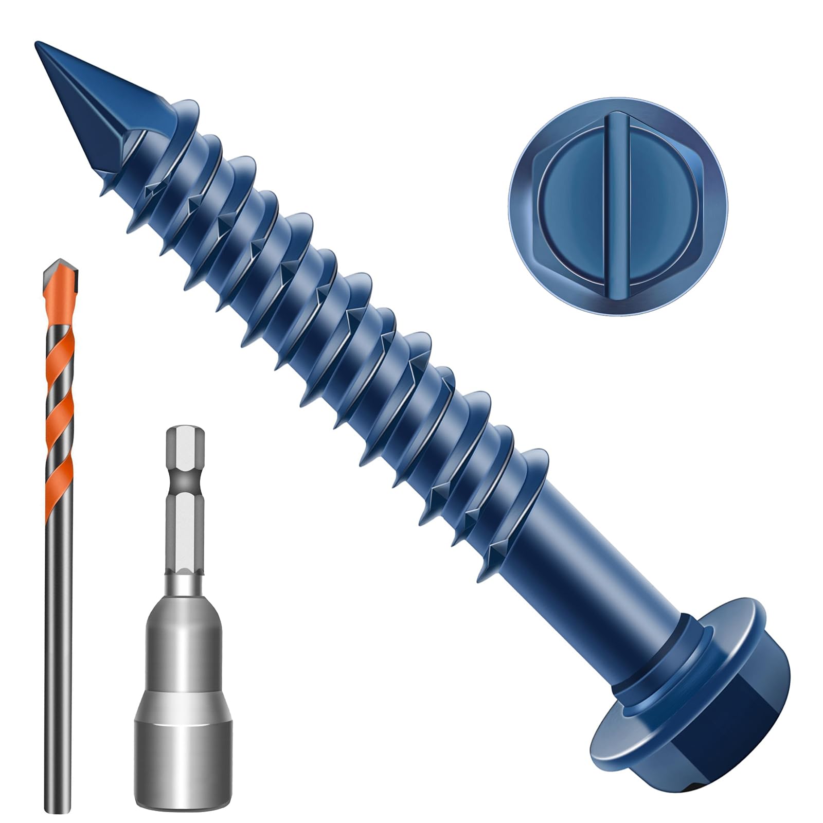 Zynthor 5.5 x 70mm Concrete Screws, 50 Pcs Blue Hex Washer Head Concrete Screws Anchor Kit with Drill Bit and Hex Bit Socket, for Masonry, Cement, Block, Brick or Stucco