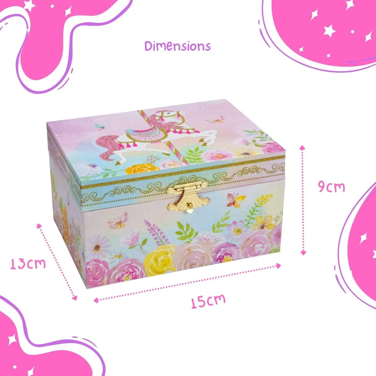 GICO Joyero unicornio para niñas, reloj infantil con música, figura giratoria y espejo, regalo de cumpleaños para niñas, caja de joyas para niños, 15 x 13 x 9 cm – 92066