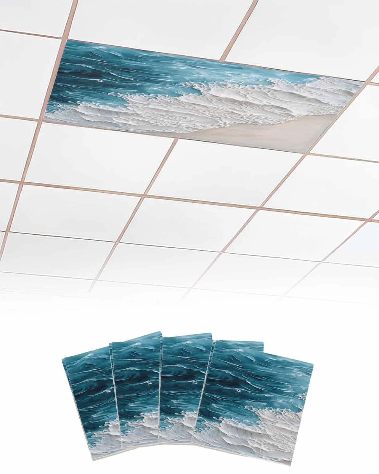 Abstract 4 Pcs Fluorescent Light Covers for Ceiling Lights, Teal Blue Ocean Sea Wave Beach Magnetic Light Filters for Eliminate Harsh Glare Classroom Office Decoration, 4 x 2 Ft