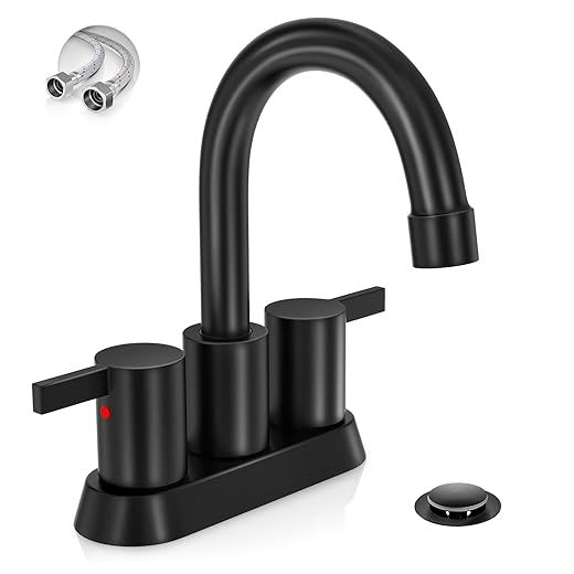 4 Inch 2 Handle Centerset Matte Black Lead-Free Modern Bathroom Faucet By Phiestina, 360 Swivel Spout 2-3 Hole Bathroom Vanity Sink Faucet with Copper Pop Up Drain and 2 Water Supply Lines, BF015-1-MB