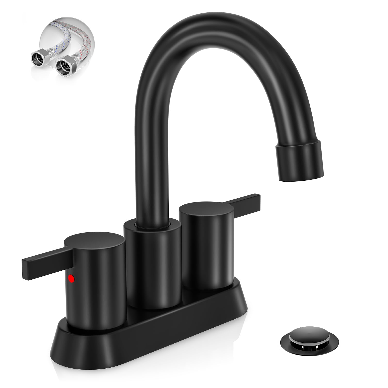 Phiestina 4 Inch 2 Handle Centerset Matte Black Lead-Free Modern Bathroom Faucet, 360 Swivel Spout 2-3 Hole RV Bathroom Vanity Sink Faucet with Pop Up Drain and Water Supply Lines,BF015-1-MB
