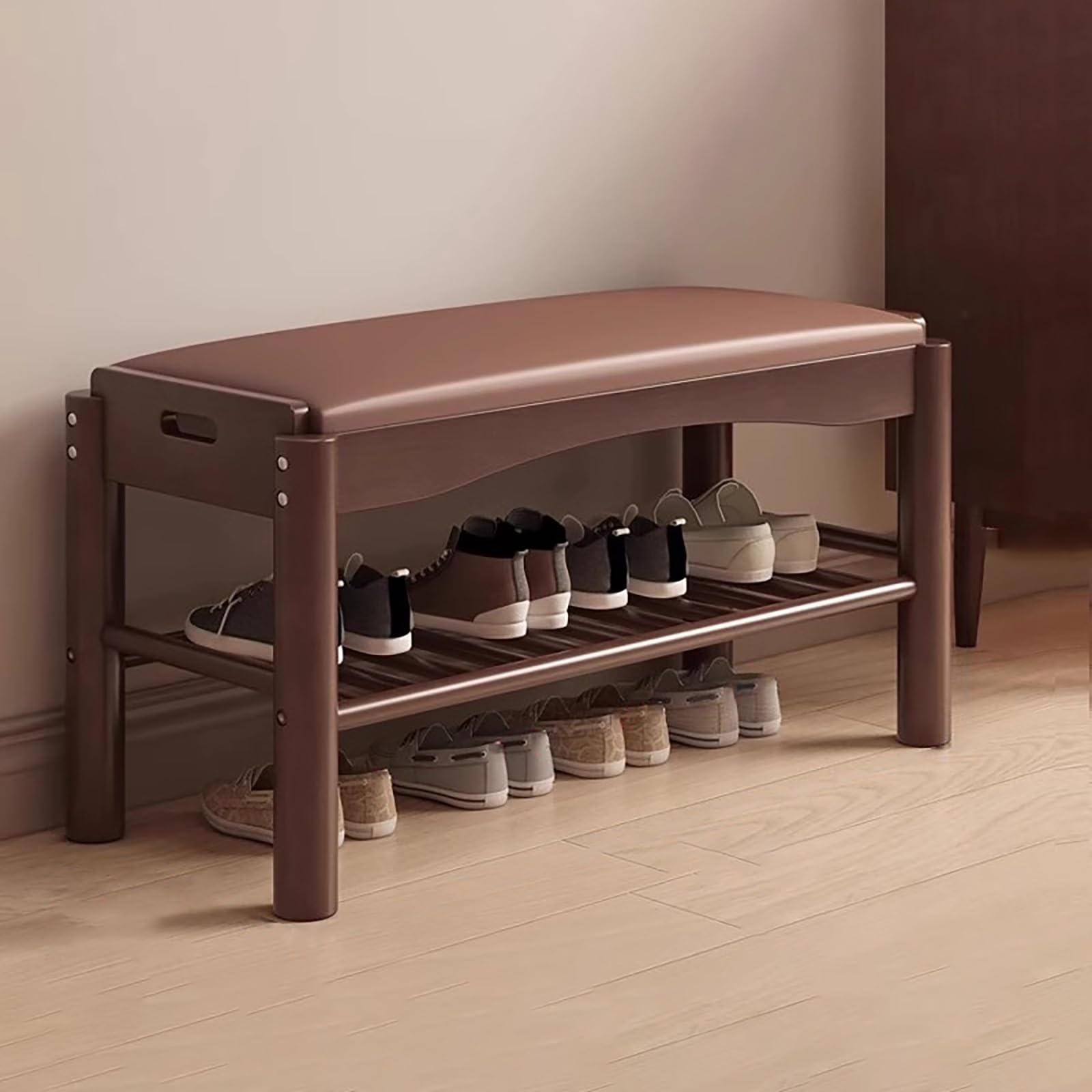 Scarpiera imbottita in noce, elegante ottomana con cuscino, per soggiorno, camera da letto e corridoio, soluzione ideale per ingresso e sala d'ingresso