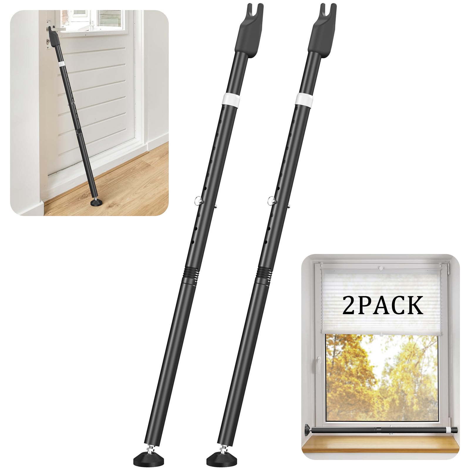 Sliding Door Security Bar and 2-in-1 Sliding Glass Door Stoppers Security for Patio, Home, Hotel Door Stick Security（2Pack Black）