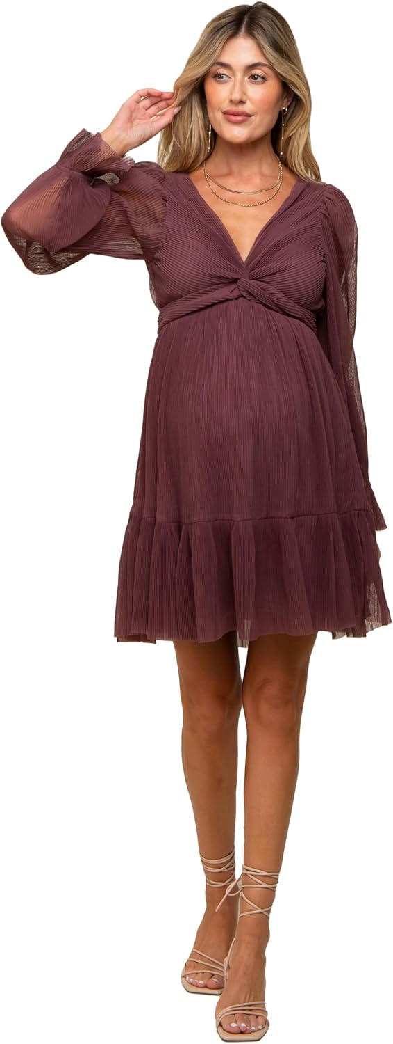 PinkBlush Pleated Knotted Long Sleeve Maternity Dress