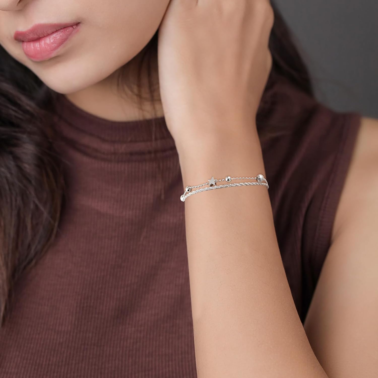 Silver Star Charm Bracelet for Women Layered Adjustable Beaded Chain Bracelet for Y2k Stackable Link - Image 3