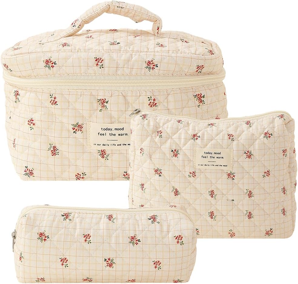3Pcs Coquette Makeup Bag - Quilted Cosmetic Bag Large Make Up Bag Set Aesthetic Floral Toiletry Bag Cotton Travel Skincare Bag for Women Ladies Girls, Style B6, Make-up Pouch