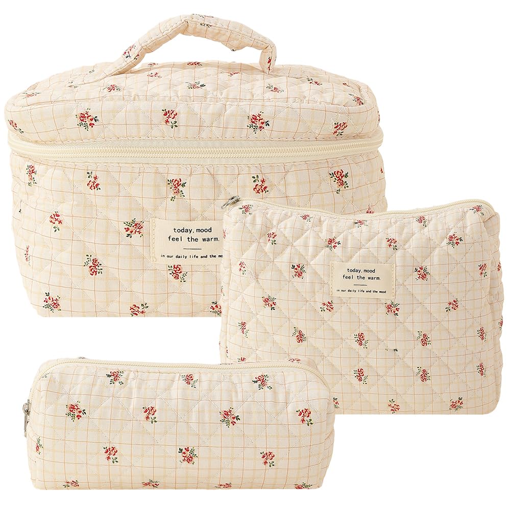 3Pcs Coquette Makeup Bag - Quilted Cosmetic Bag Large Make Up Bag Set Aesthetic Floral Toiletry Bag Cotton Travel Skincare Bag for Women Ladies Girls, Style B6, Make-up Pouch