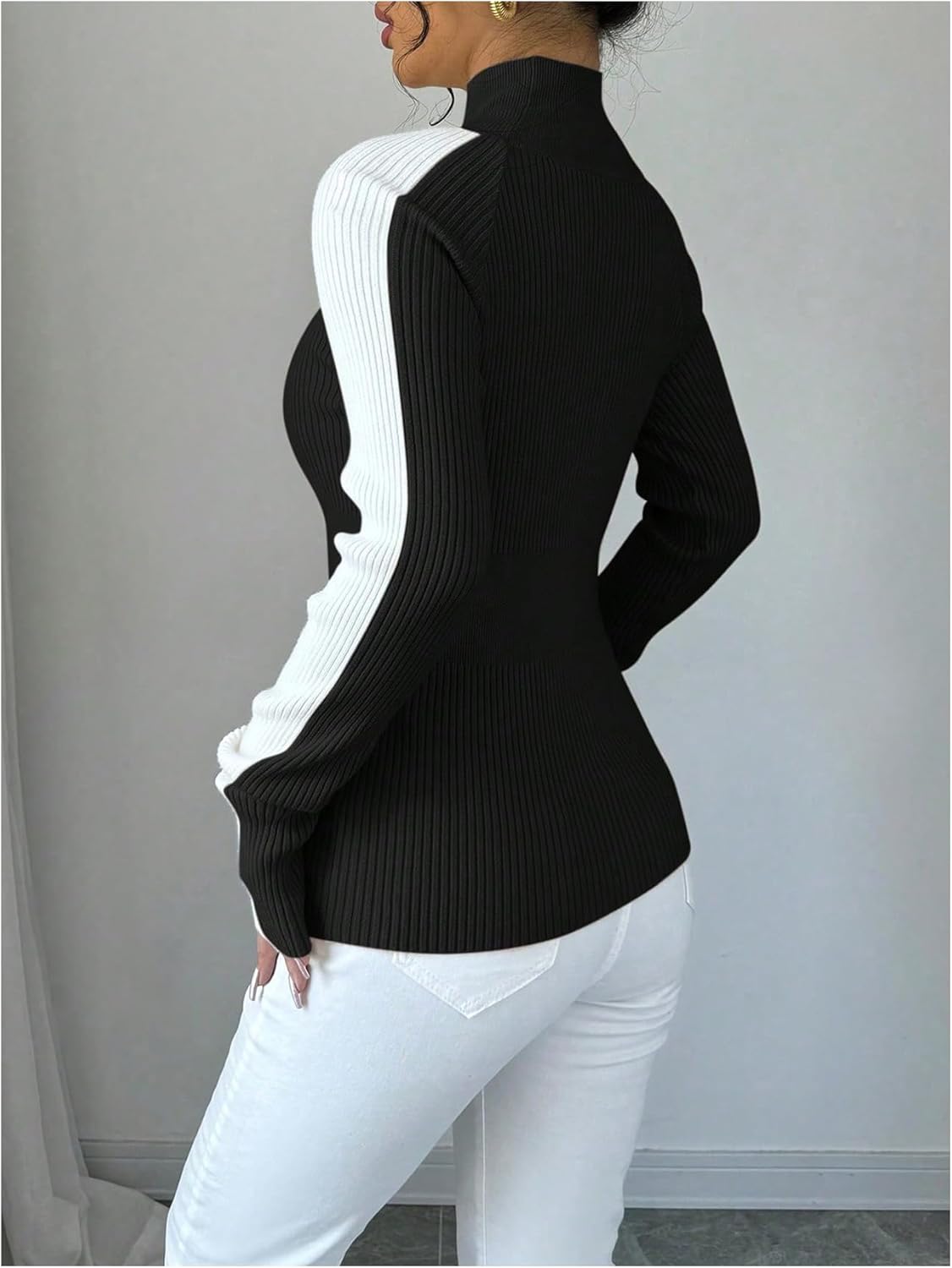 Verdusa Women's Striped Sweater Ribbed Knit Color Block Sweater High Neck Long Sleeve Fitted Pullovers - Image 2