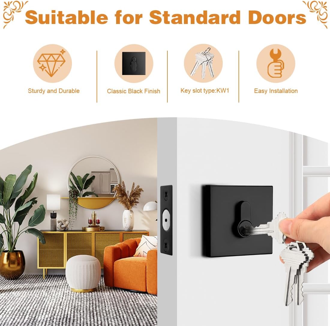 Probrico Single Cylinder Deadbolt Black(Keyed Different),Keyed One Side,Residential Security Square Door Lock for for Entrance Door and Front Gate,4Pack