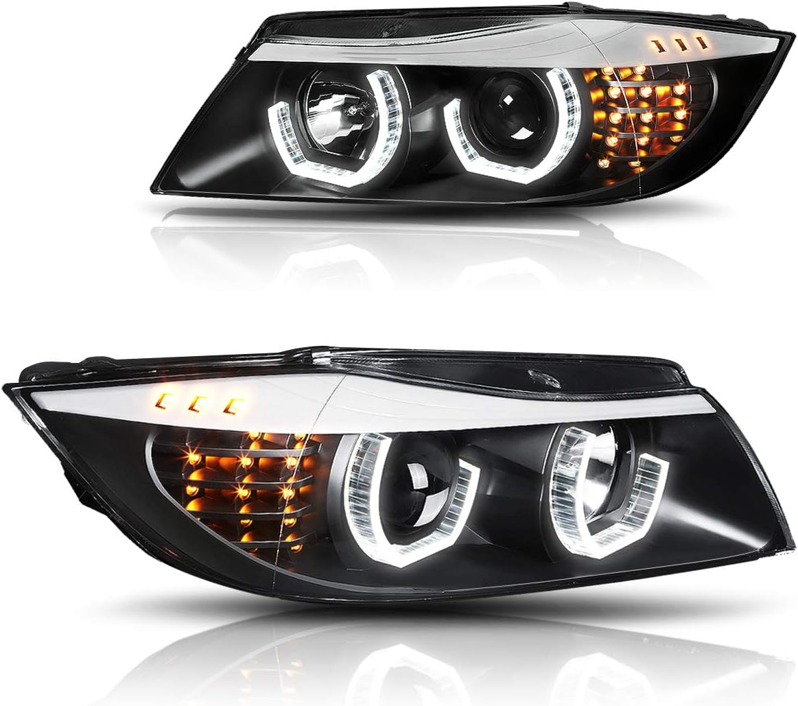ANZO Projector Headlights w/ Halo & LED Bar | BMW E90/E91 3 Series (06-08) (121336)