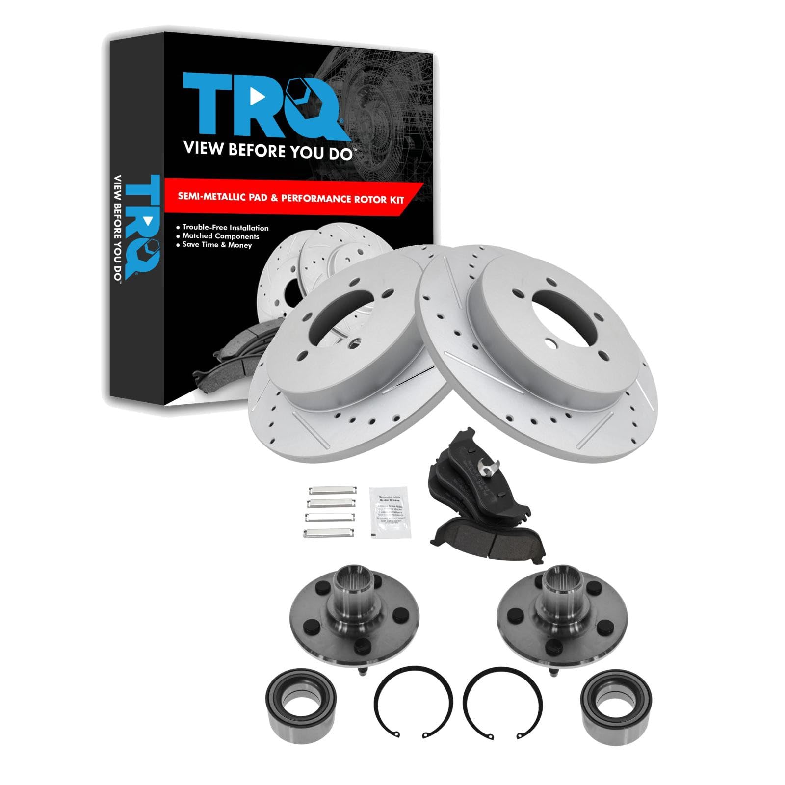 TRQ Performance Rear Brake Pad and Rotor Set Semi Metallic Coated Drilled Slotted Rotors Compatible with 2002-2005 Ford Explorer Mercury Mountaineer