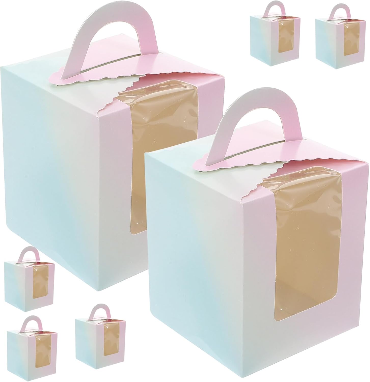 VANZACK 50pcs Small Gradient Color Cake Boxes with Window, Cupcake Carrier and Mousse Dessert Containers, Paper Baking Boxes with Handle for Bakery, Party, and Home Use